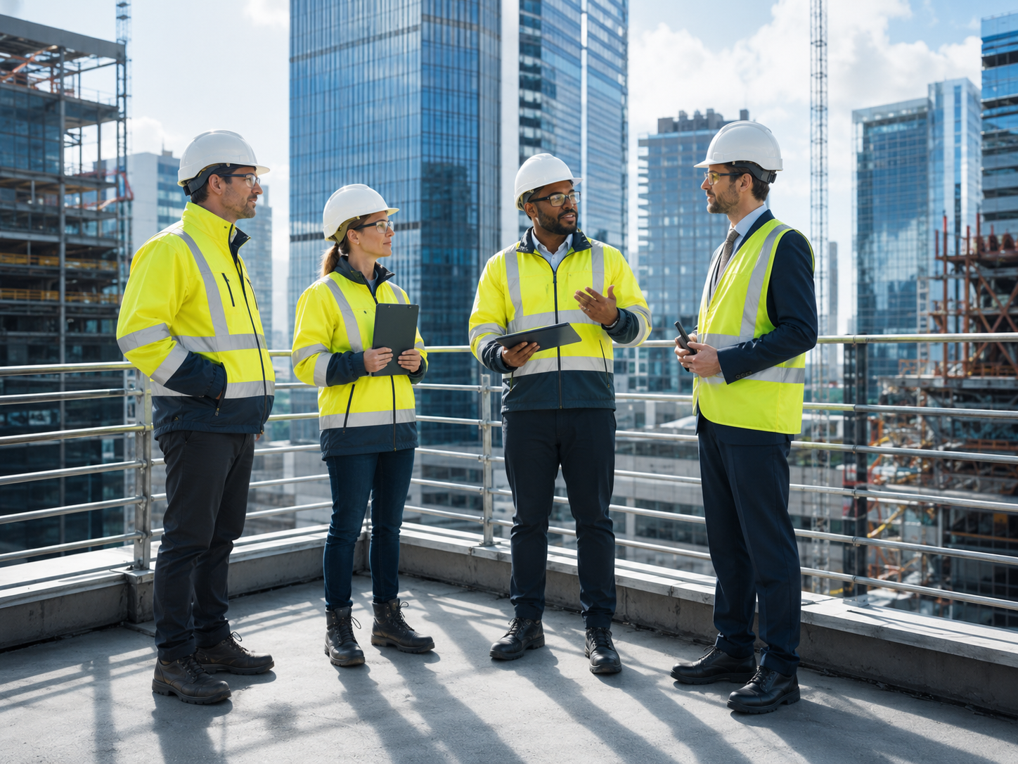Profesionales con casco, chaleco reflectante y zapatos de seguridad en obra urbana