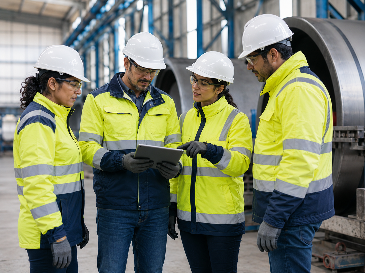 Equipo con casco, lentes y ropa de seguridad revisando información en una planta industrial o maestranza